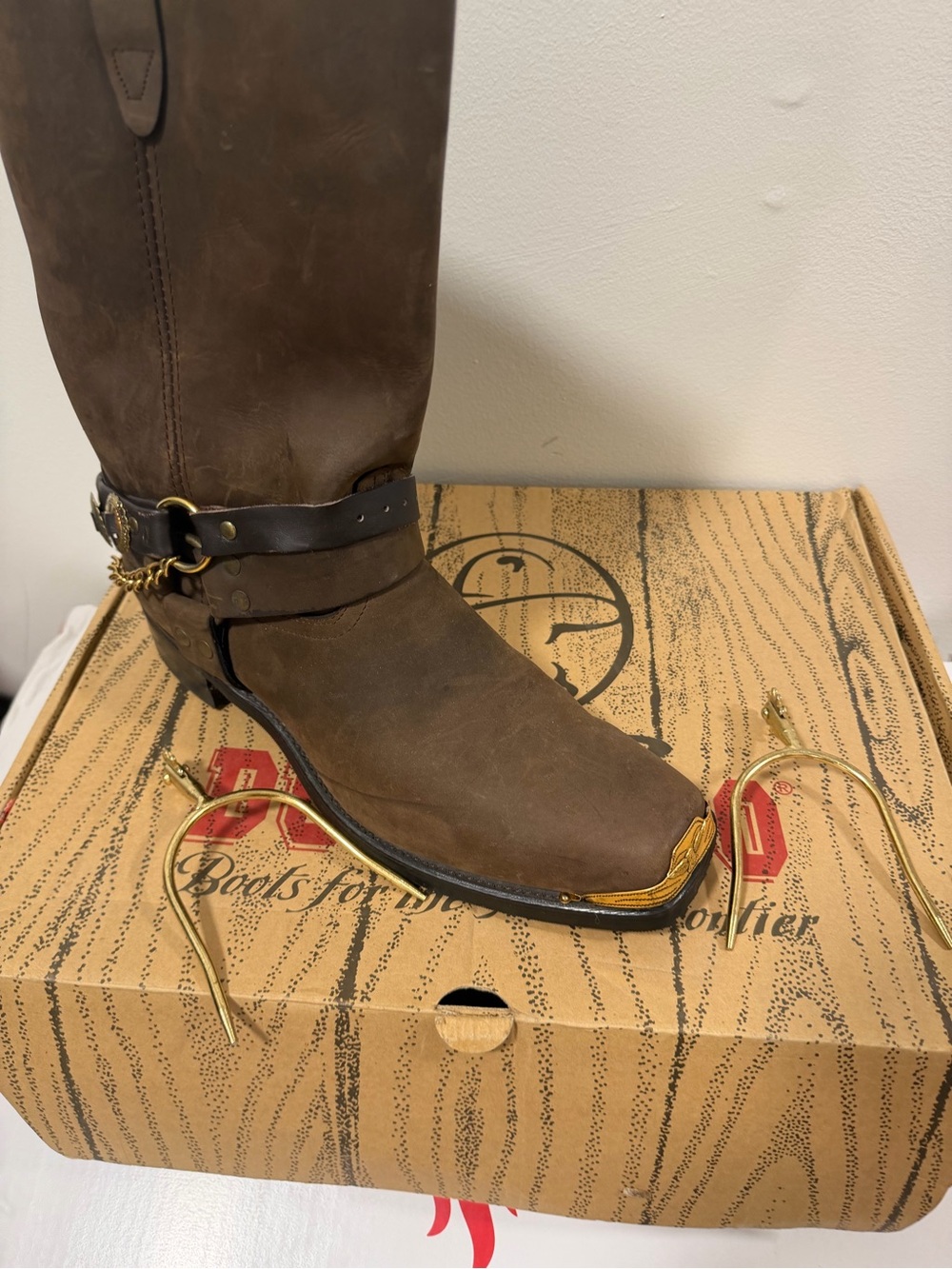 Men's Brown Leather Harness Boot with Gold Toe Accent